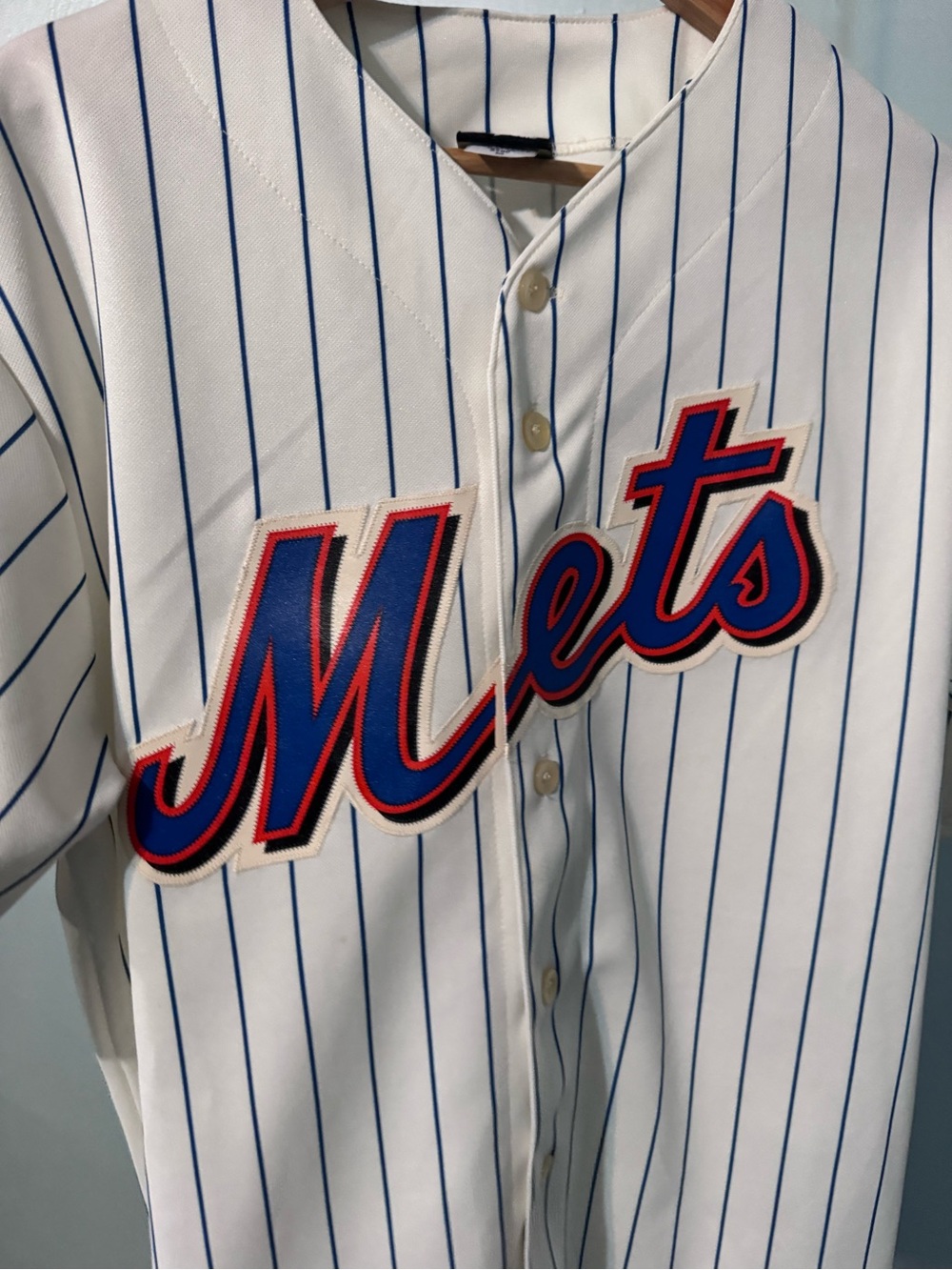 Majestic Mets White Pinstripe Baseball Jersey with Blue and Orange Script - Picture 2 of 8